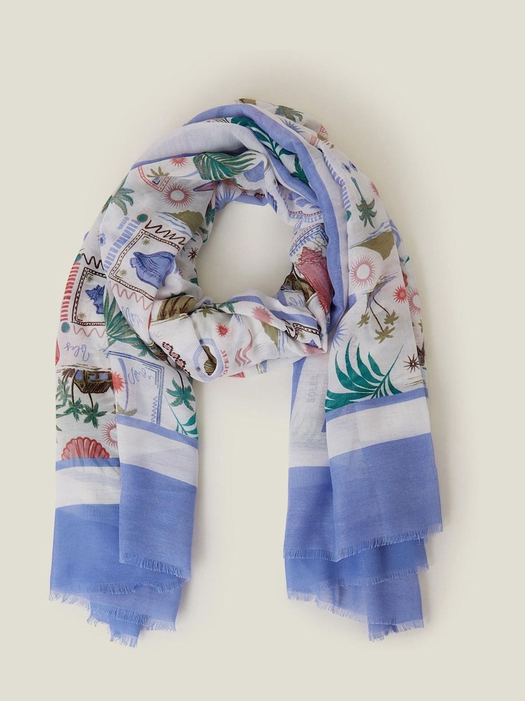 Accessorize Blue Postcard Print Scarf - Image 1 of 2 Accessorize Blue Postcard Print Scarf - Image 1 of 2