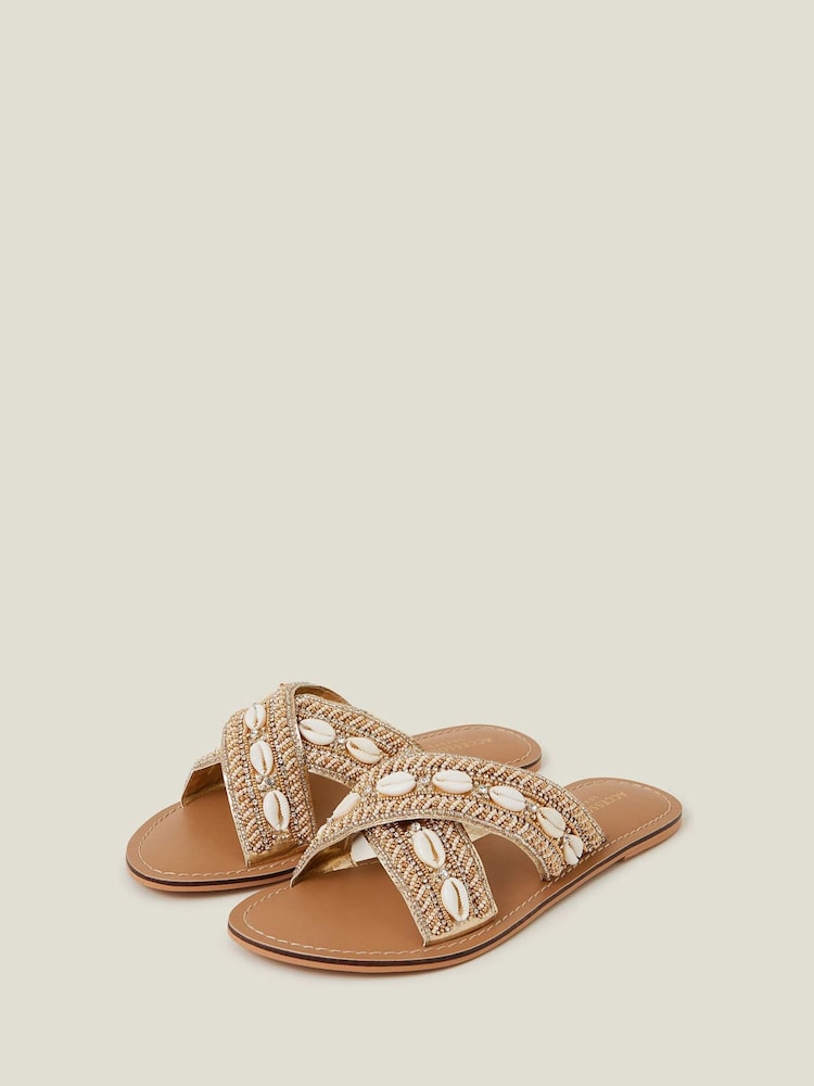 Accessorize Gold Shell Cross-Strap Footbed Sandals - Image 2 of 3