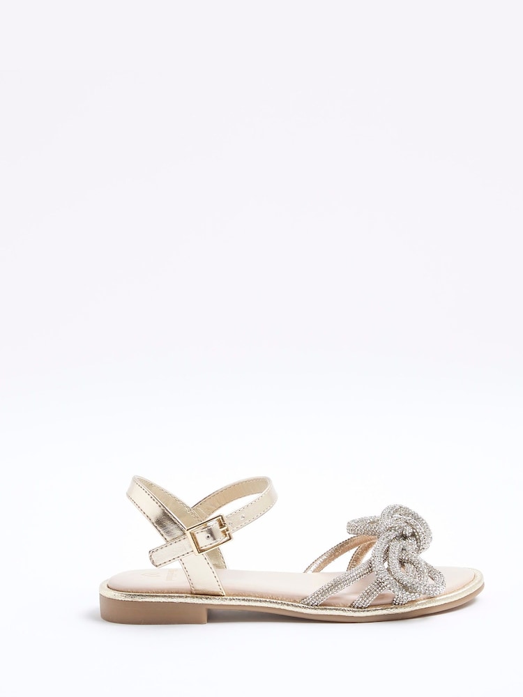 River Island Gold Girls Embelished Knot Flat Sandals - Image 1 of 5