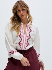 Raffya Cream 100% Cotton Dina V-Neck Embroidered Blouses - Image 1 of 6