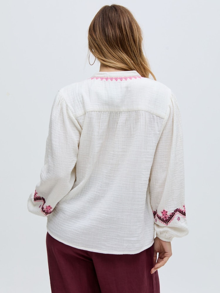 Raffya Cream 100% Cotton Dina V-Neck Embroidered Blouses - Image 2 of 6