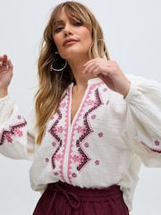 Raffya Cream 100% Cotton Dina V-Neck Embroidered Blouses - Image 4 of 6