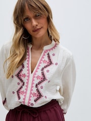 Raffya Cream 100% Cotton Dina V-Neck Embroidered Blouses - Image 5 of 6