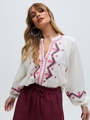 Raffya Cream 100% Cotton Dina V-Neck Embroidered Blouses - Image 6 of 6