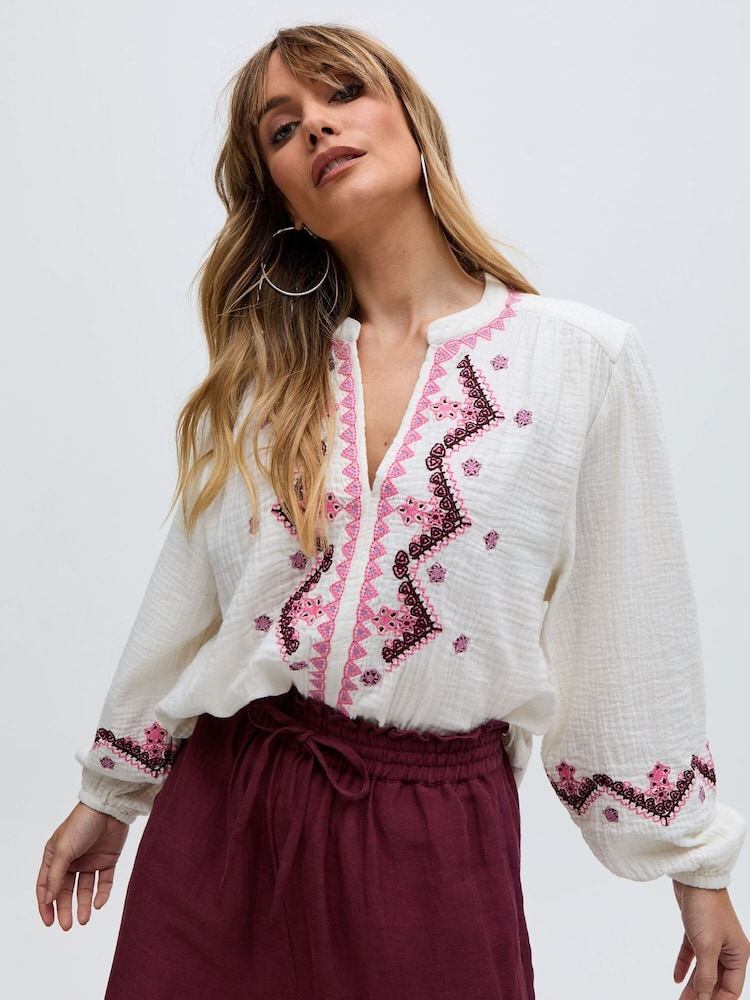 Raffya Cream 100% Cotton Dina V-Neck Embroidered Blouses - Image 6 of 6