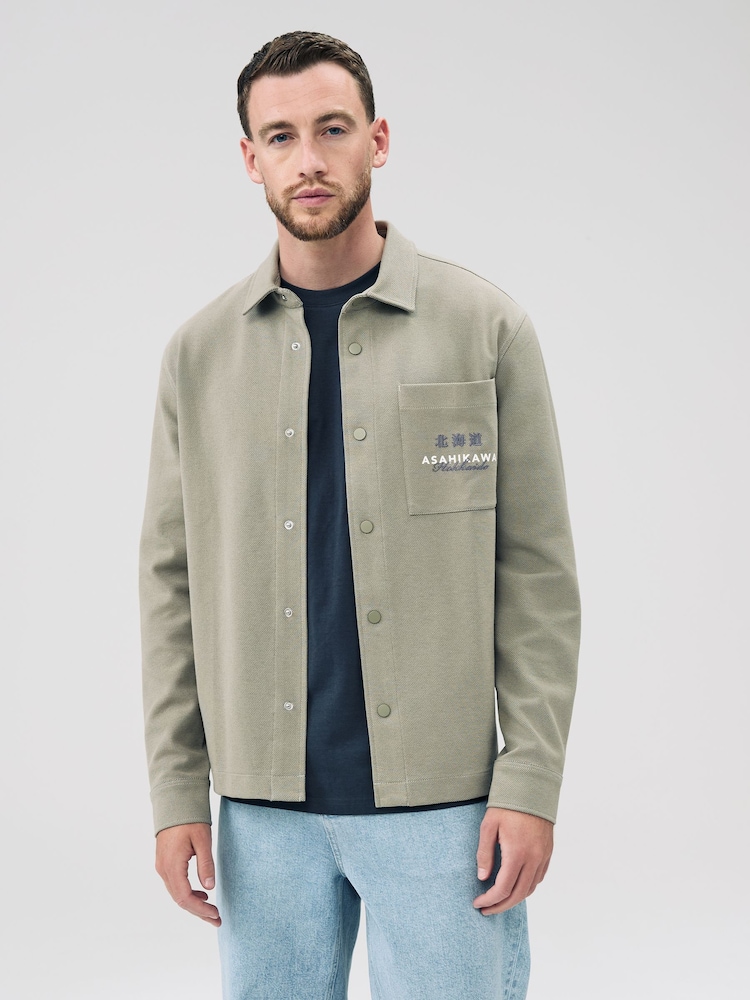 Khaki Green Embroidered Graphic Print Shacket - Image 2 of 8