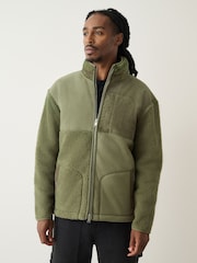 Khaki Green Cord Block Zip Through Funnel Fleece - Image 1 of 6