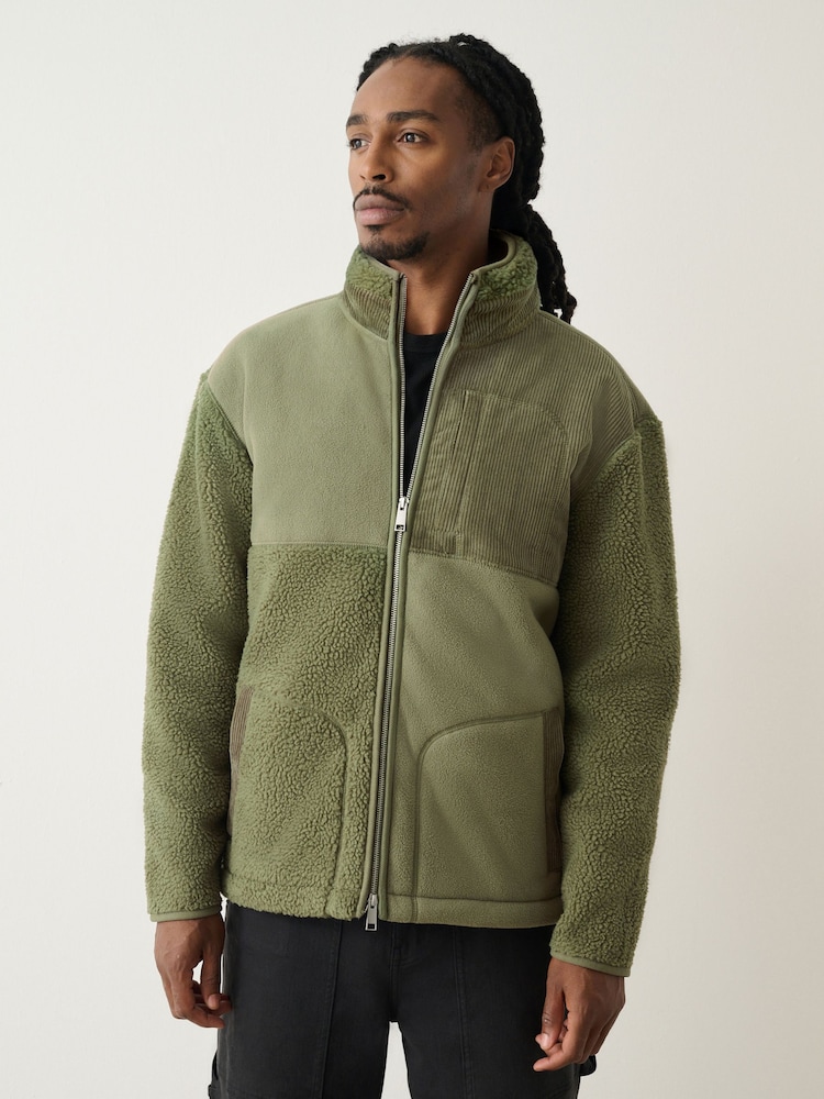 Khaki Green Cord Block Zip Through Funnel Fleece - Image 1 of 6