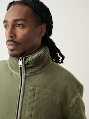 Khaki Green Cord Block Zip Through Funnel Fleece - Image 4 of 6