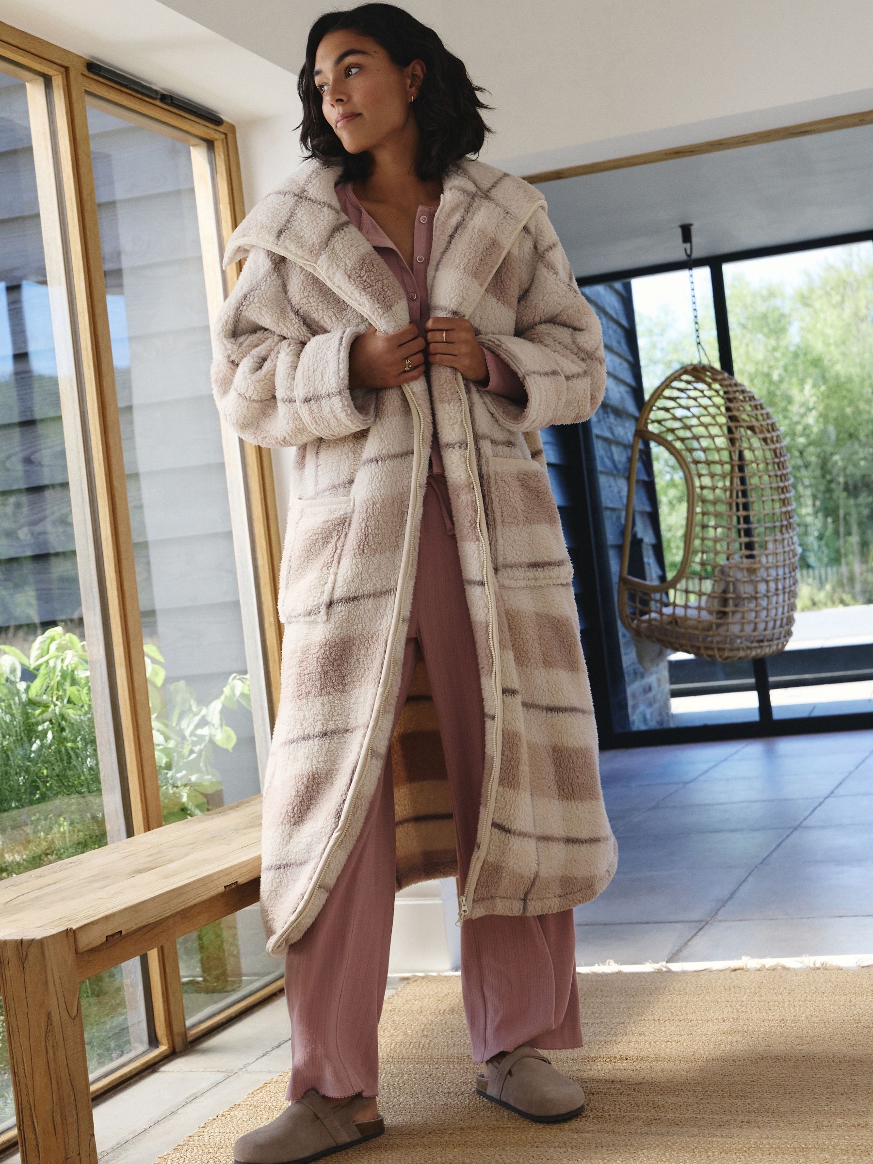 pink star dressing gown Women's Pink Star Print Teddy Fleece Dressing Gown Robe