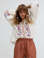 Raffya Light Cream 100% Cotton Dina V-Neck Embroidered Blouses - Image 1 of 7