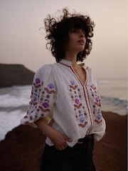 Raffya Light Cream 100% Cotton Dina V-Neck Embroidered Blouses - Image 5 of 7