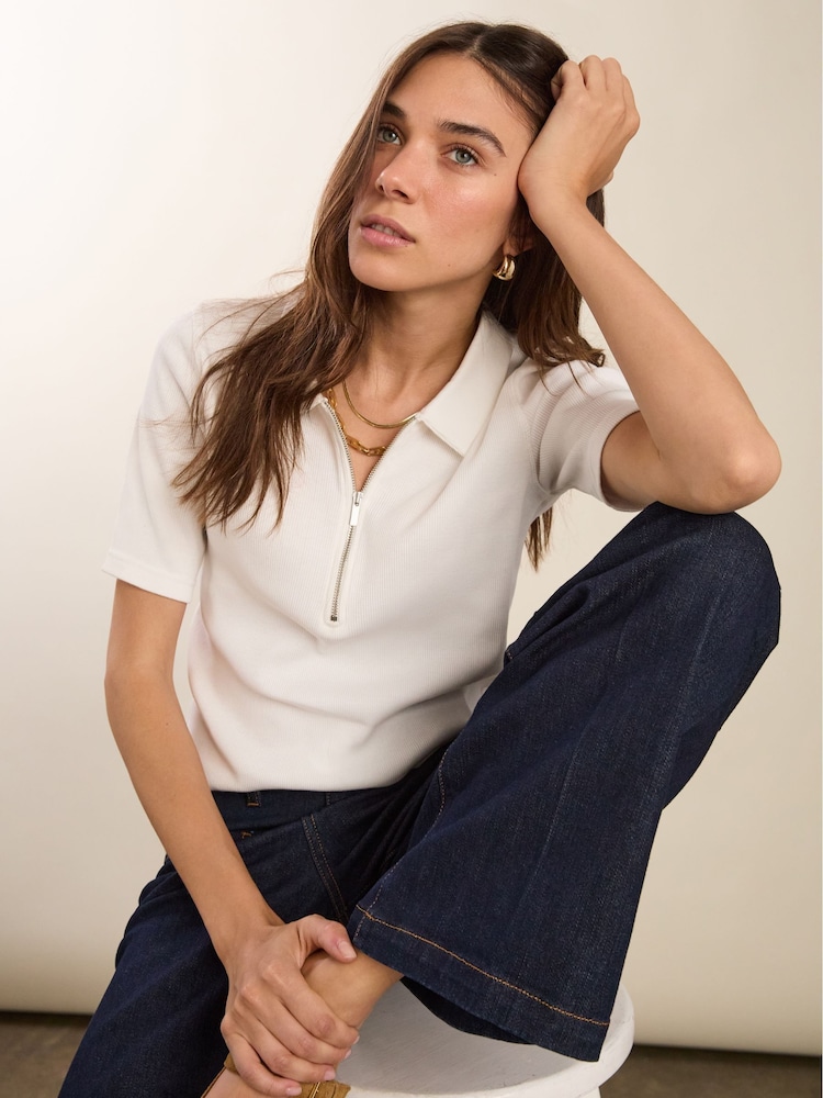 Baukjen Ivy Rib Zip Collar White Top - Image 1 of 4 Baukjen Ivy Rib Zip Collar White Top - Image 1 of 4