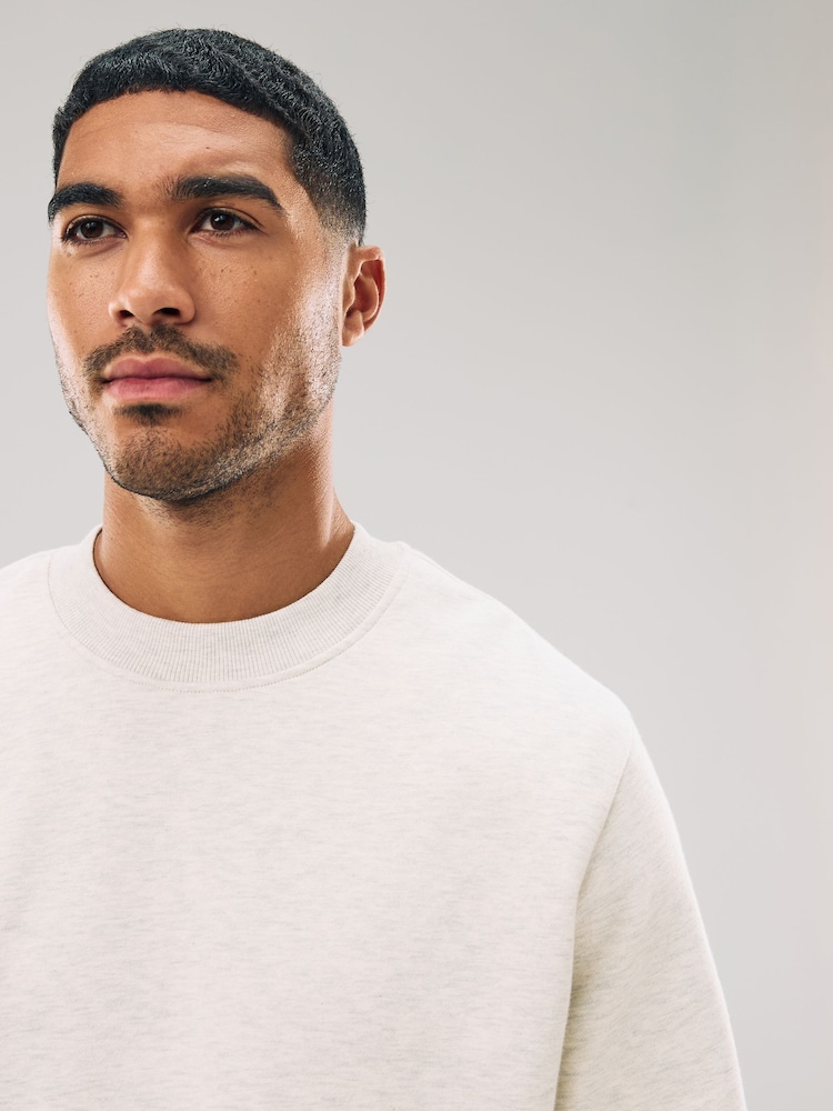 Ecru Marl Regular Fit Heavyweight Cotton Rich Crew Sweatshirt - Image 1 of 7 Ecru Marl Regular Fit Heavyweight Cotton Rich Crew Sweatshirt - Image 1 of 7