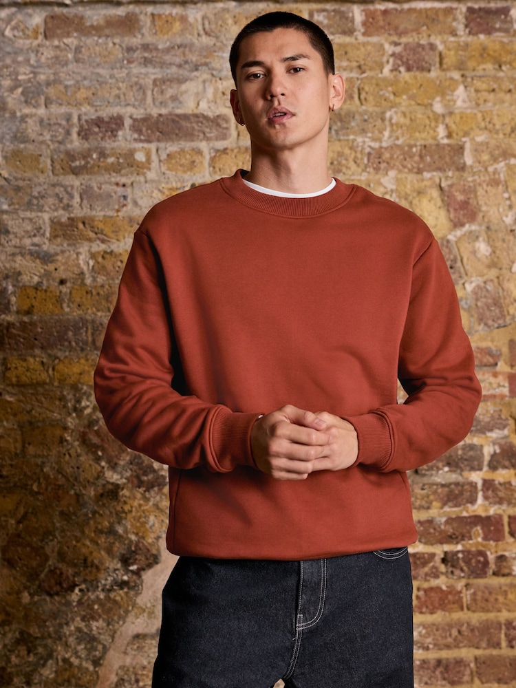 Rust Brown Regular Fit Heavyweight Cotton Rich Crew Sweatshirt - Image 1 of 7 Rust Brown Regular Fit Heavyweight Cotton Rich Crew Sweatshirt - Image 1 of 7