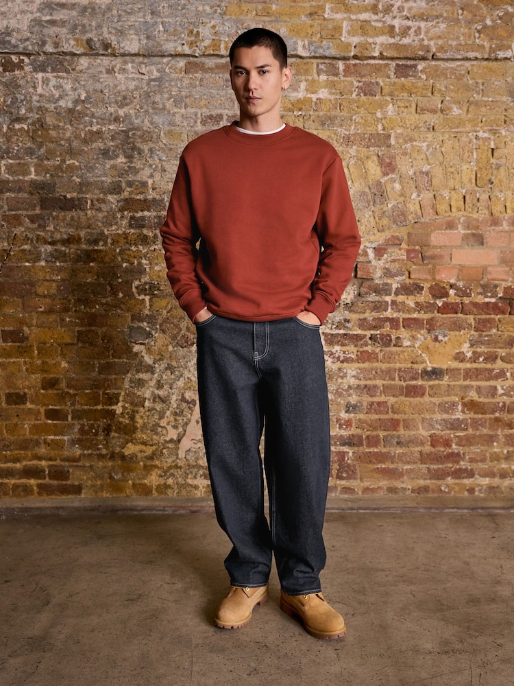 Rust Brown Regular Fit Heavyweight Cotton Rich Crew Sweatshirt - Image 2 of 7 Rust Brown Regular Fit Heavyweight Cotton Rich Crew Sweatshirt - Image 2 of 7