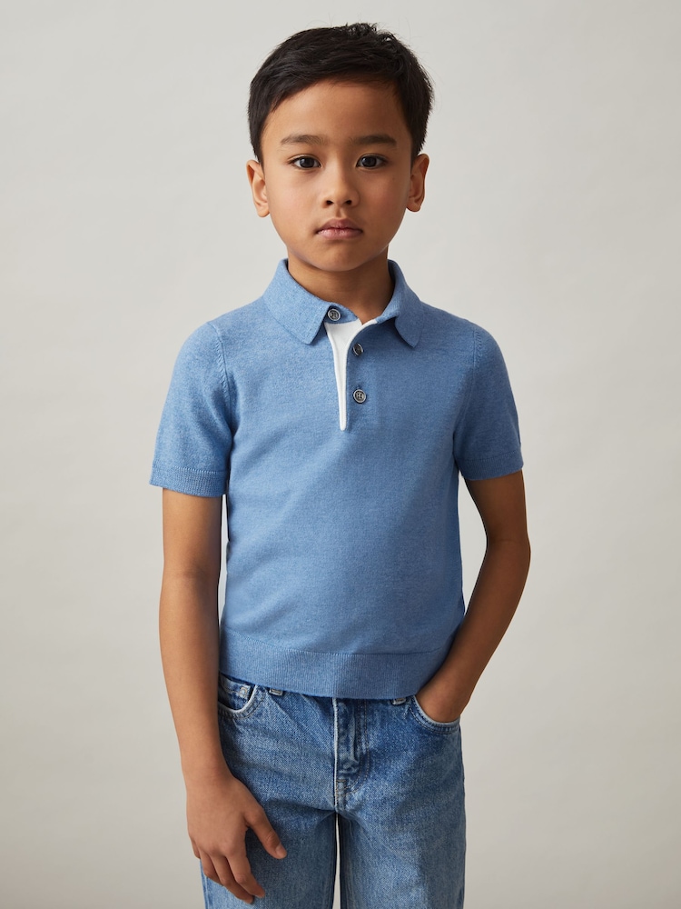 Reiss Blue Finch 3-9 yrs Contrast Placket Polo Shirt With Cotton - Image 3 of 4