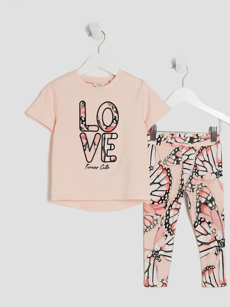 River Island Pink Girls Iconic Butterfly T-Shirt And Leggings Set - Image 1 of 4 River Island Pink Girls Iconic Butterfly T-Shirt And Leggings Set - Image 1 of 4