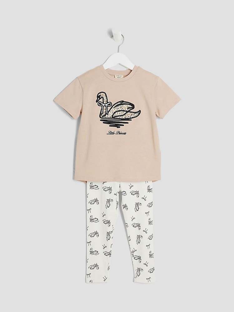 River Island Brown Girls Swan T-Shirt And Leggings Set - Image 3 of 4