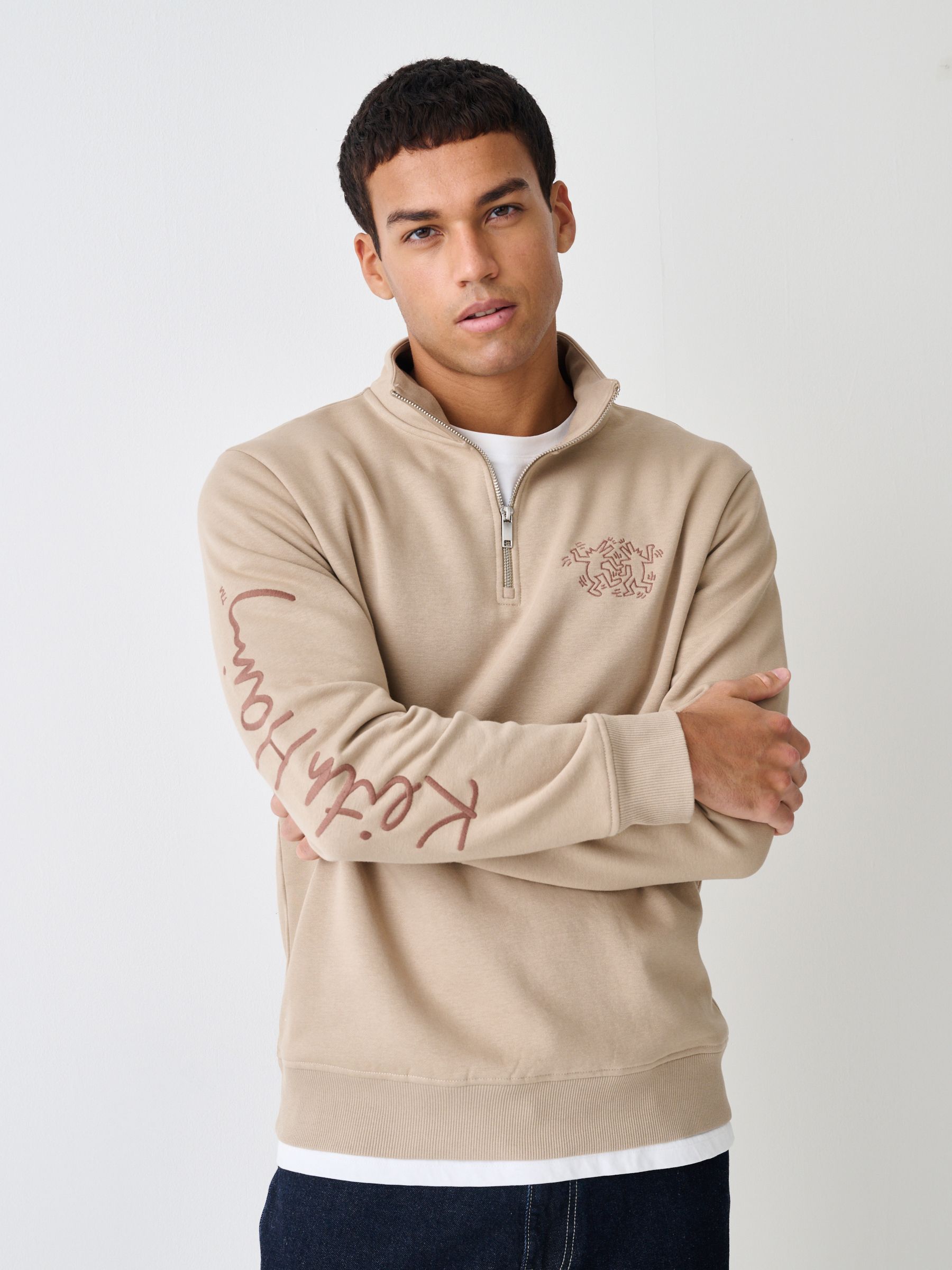 Buy Neutral Stone Keith Haring Graphic Print Quarter Zip Neck