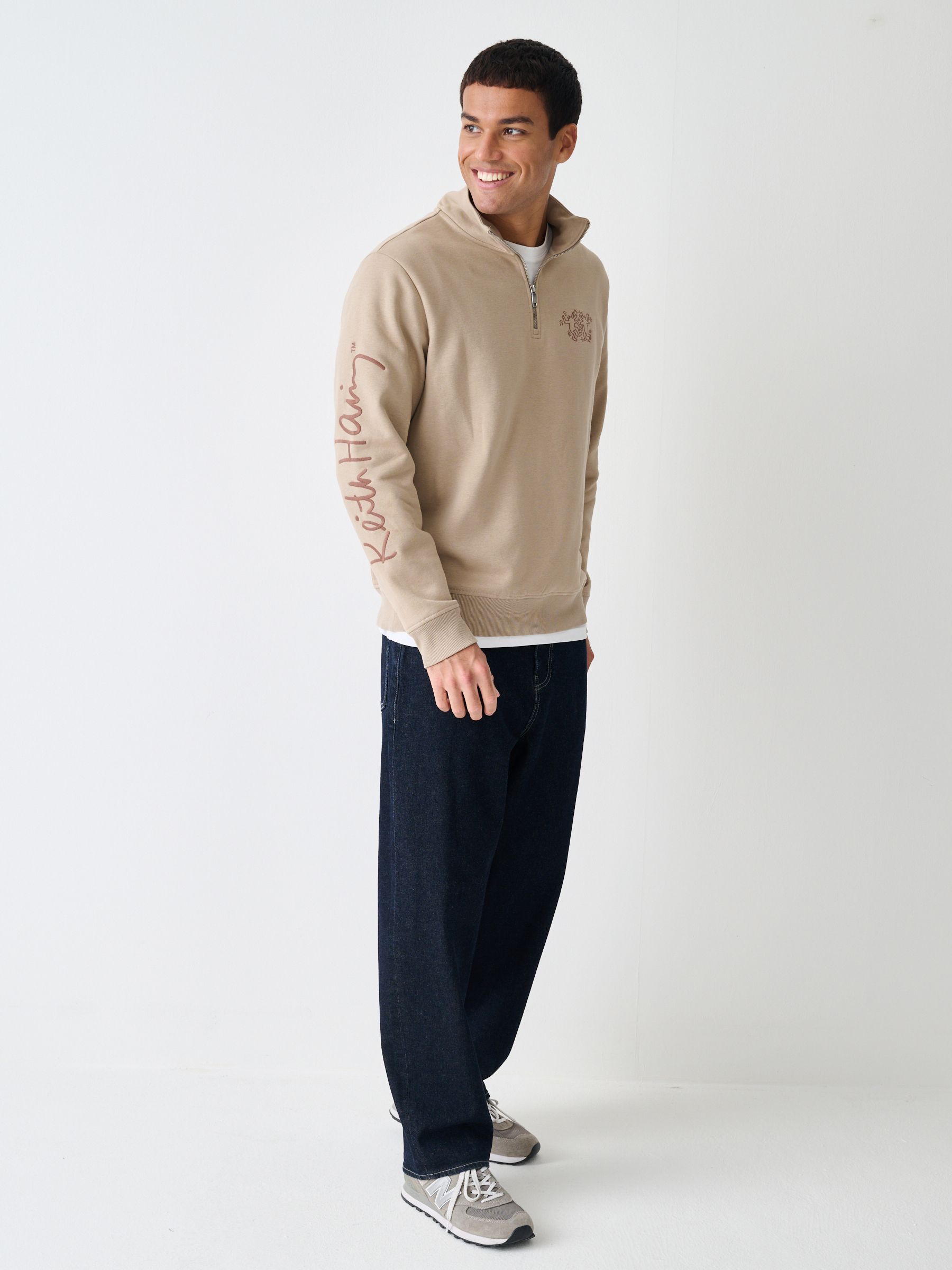Buy Neutral Stone Keith Haring Graphic Print Quarter Zip Neck