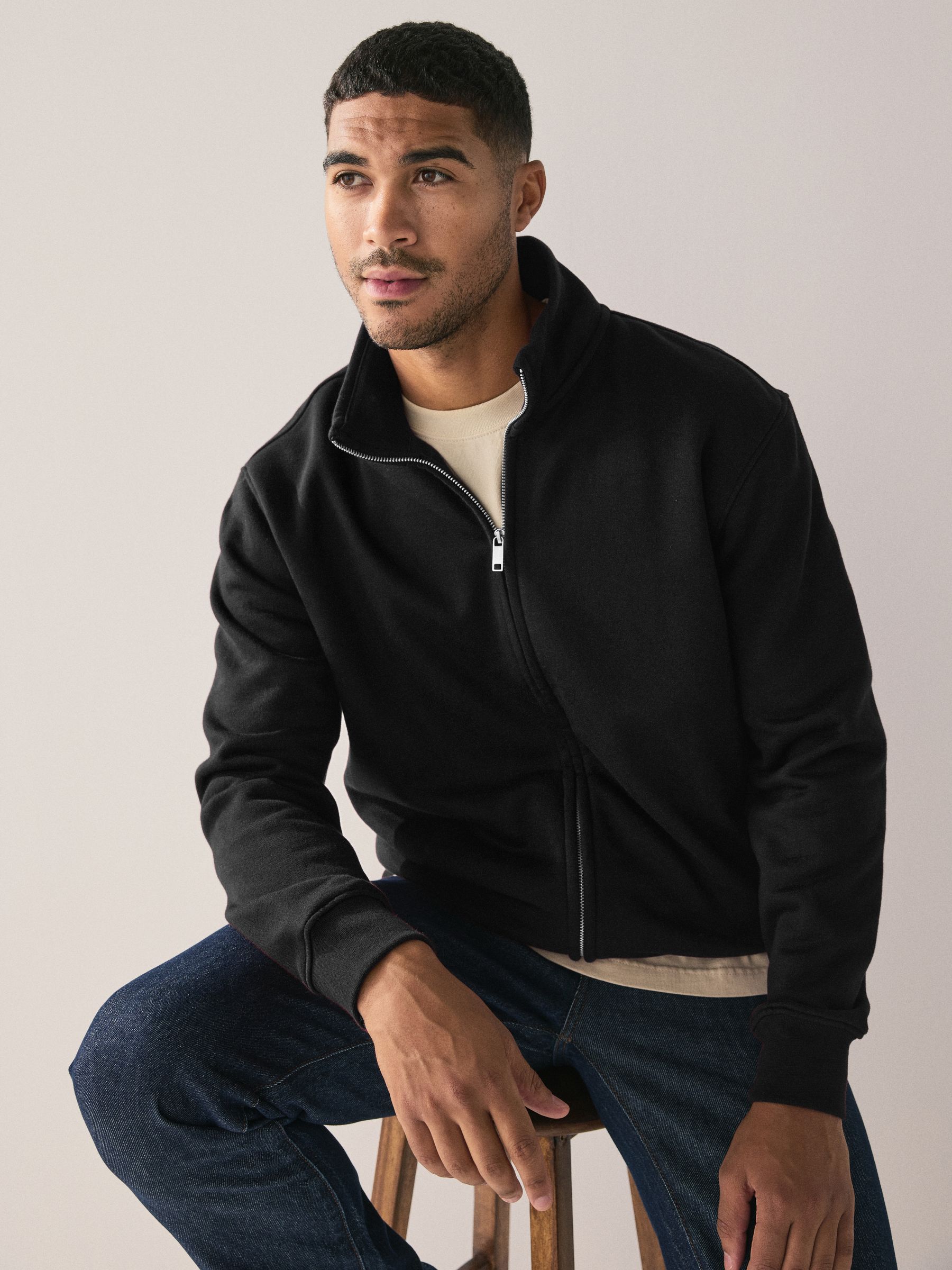 Buy Black Cotton Rich Jersey Full Zip Funnel Neck Sweatshirt from