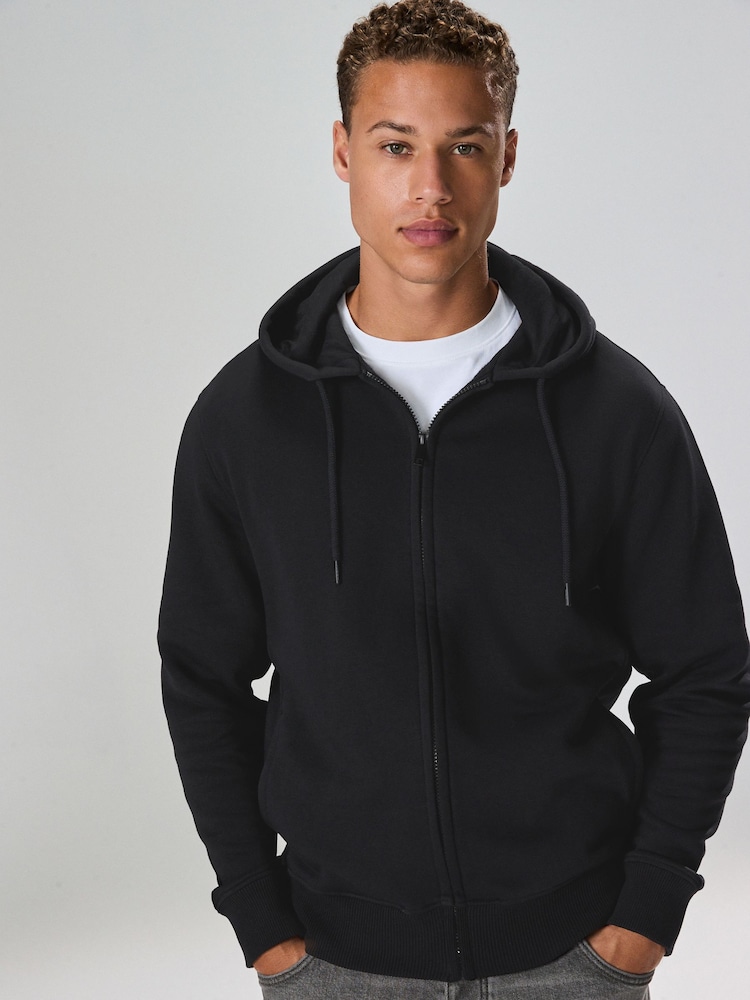 Black Cotton Rich Heavyweight Jersey Zip-Up Hoodie - Image 1 of 9 Black Cotton Rich Heavyweight Jersey Zip-Up Hoodie - Image 1 of 9