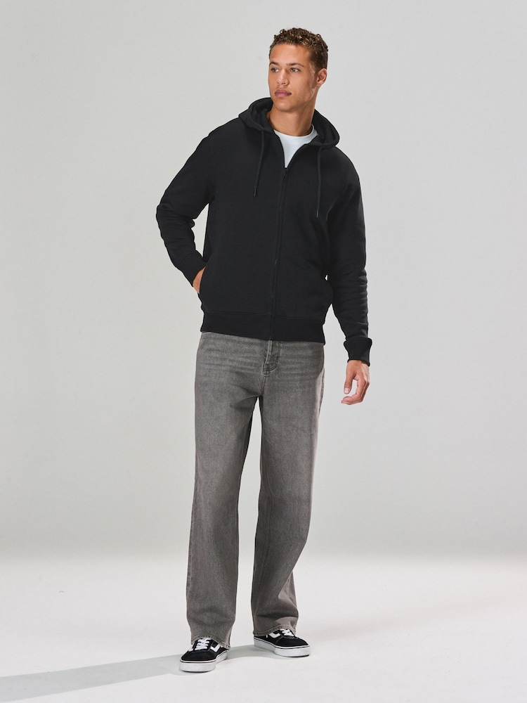 Black Cotton Rich Heavyweight Jersey Zip-Up Hoodie - Image 2 of 9 Black Cotton Rich Heavyweight Jersey Zip-Up Hoodie - Image 2 of 9