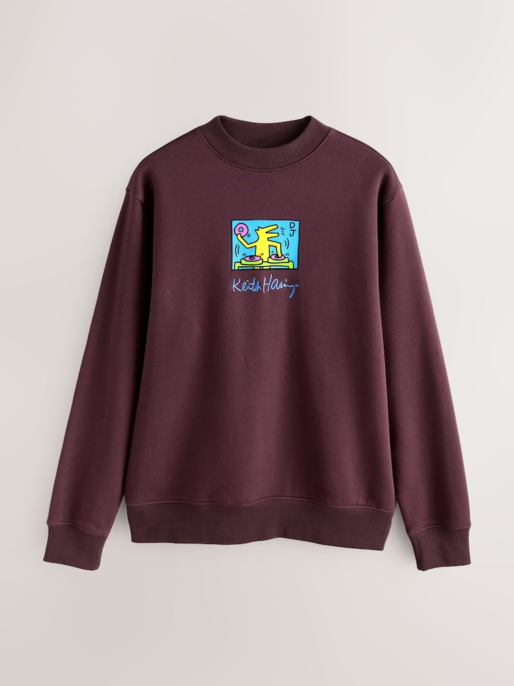 Burgundy Red Keith Haring Graphic Print License Crew Sweatshirt - Image 1 of 3