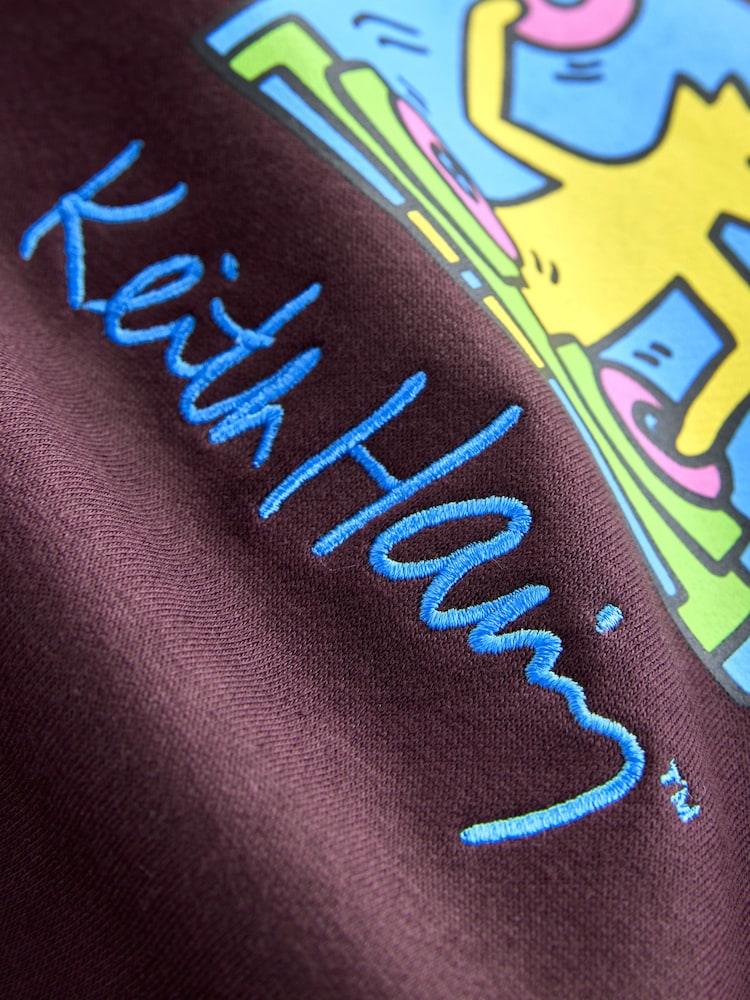 Burgundy Red Keith Haring Graphic Print License Crew Sweatshirt - Image 3 of 3