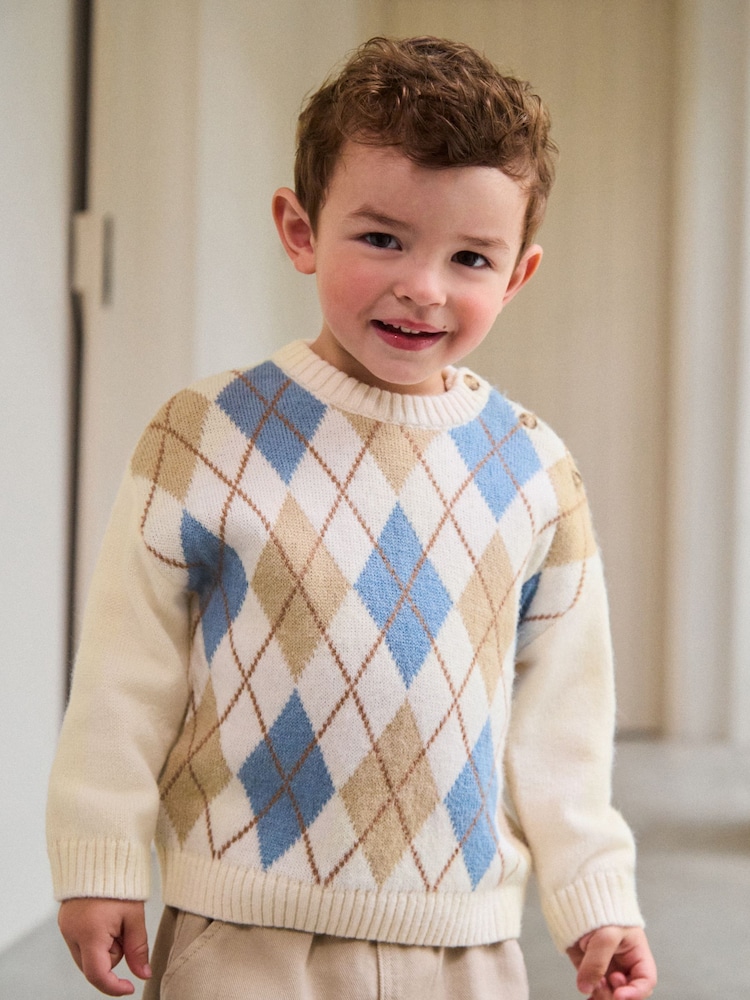 Cream Argyle Knitted Crew Neck Cotton Jumper (3mths-7yrs) - Image 1 of 10 Cream Argyle Knitted Crew Neck Cotton Jumper (3mths-7yrs) - Image 1 of 10