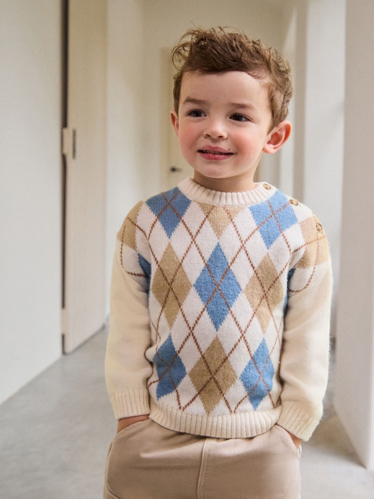 Cream Argyle Knitted Crew Neck Cotton Jumper (3mths-7yrs) - Image 2 of 10 Cream Argyle Knitted Crew Neck Cotton Jumper (3mths-7yrs) - Image 2 of 10