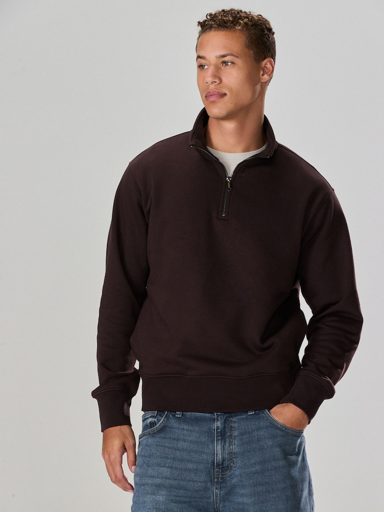 Chocolate Brown Quarter Zip Cotton Rich Jersey Sweatshirt - Image 1 of 9 Chocolate Brown Quarter Zip Cotton Rich Jersey Sweatshirt - Image 1 of 9