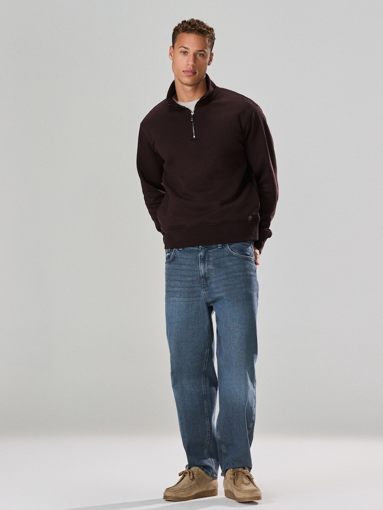 Chocolate Brown Quarter Zip Cotton Rich Jersey Sweatshirt - Image 2 of 9