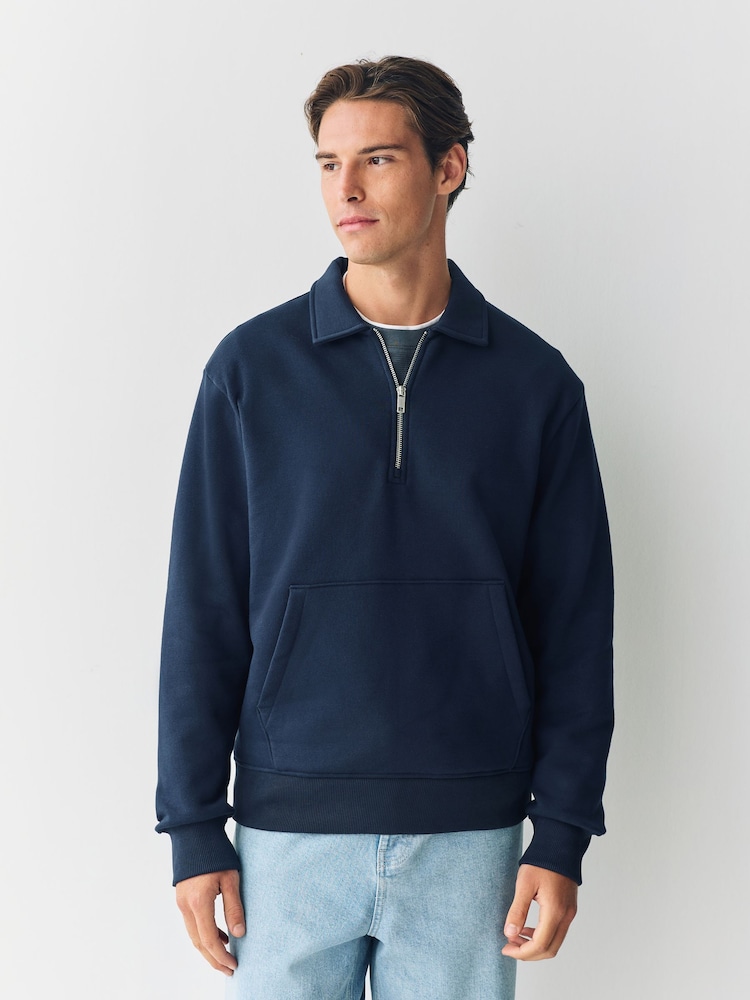 Navy Blue Polo Neck Cotton Rich Jersey Sweatshirt - Image 1 of 9 Navy Blue Polo Neck Cotton Rich Jersey Sweatshirt - Image 1 of 9