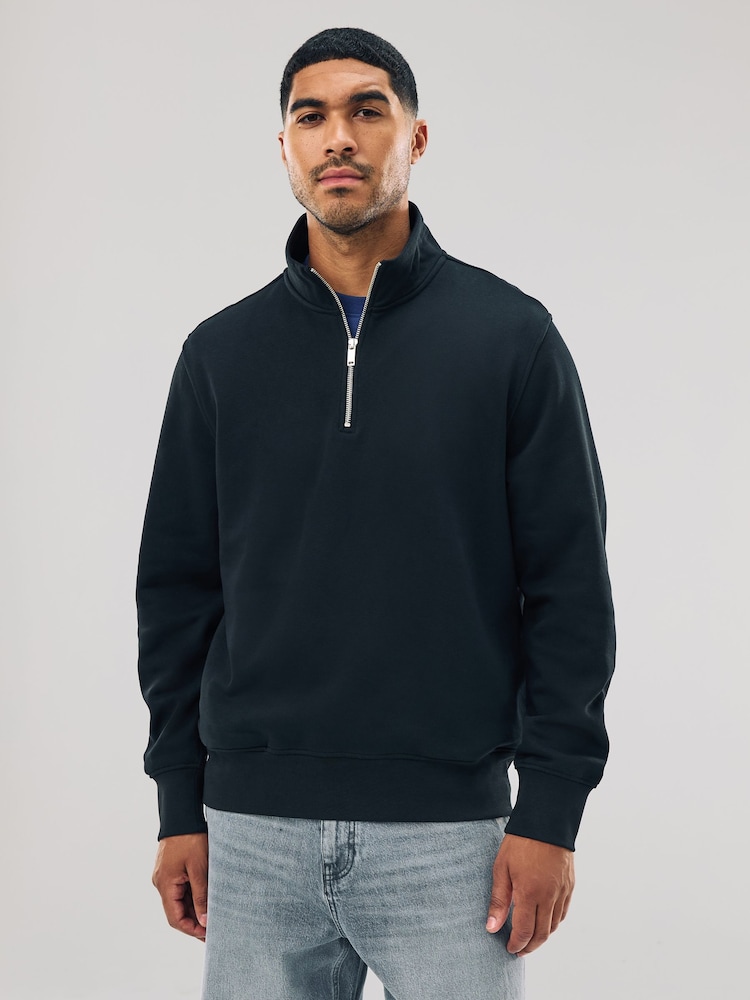 Black Quarter Zip Cotton Rich Jersey Sweatshirt - Image 1 of 7 Black Quarter Zip Cotton Rich Jersey Sweatshirt - Image 1 of 7