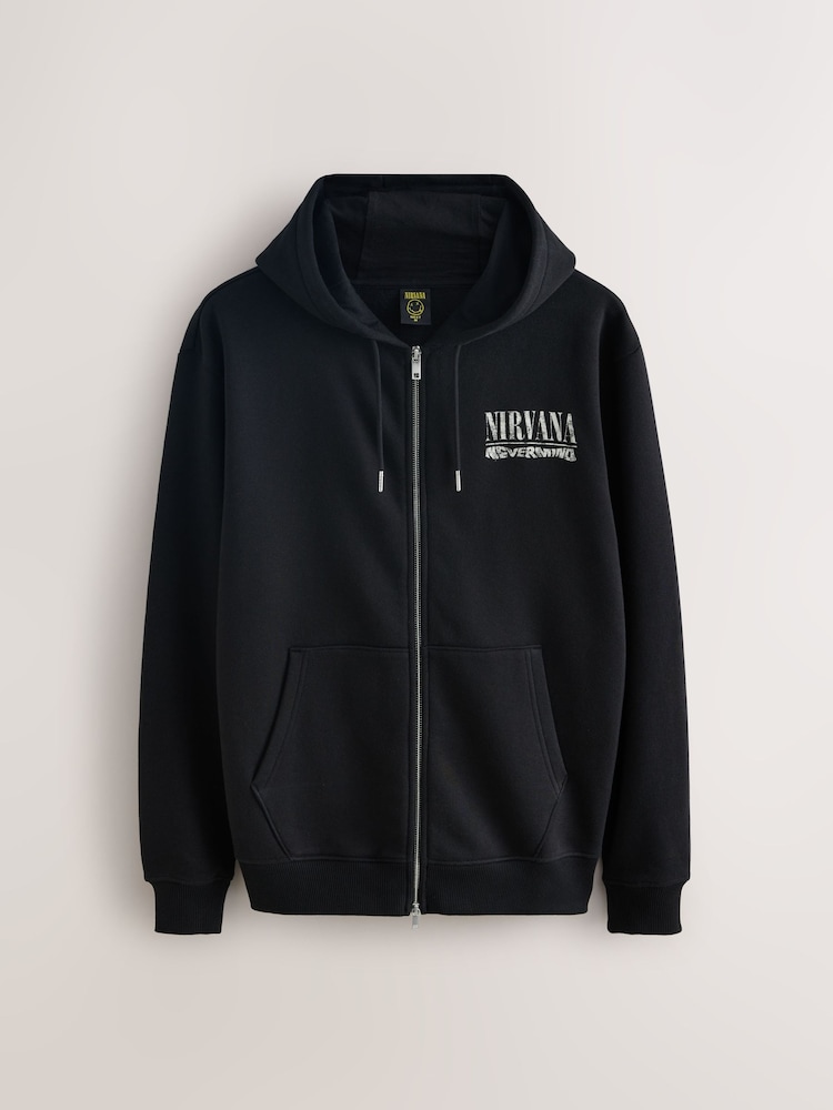 Buy Black Hooded Nirvana Graphic Print Zip Through Hoodie from 