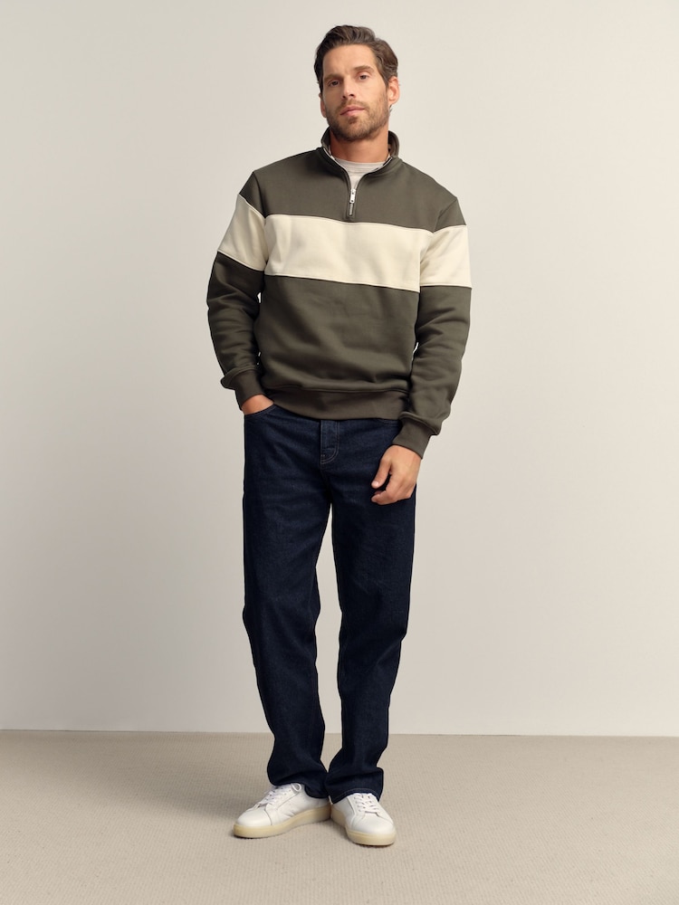 Green/Neutral Quarter Zip Colour Blocking Sweatshirt - Image 2 of 7