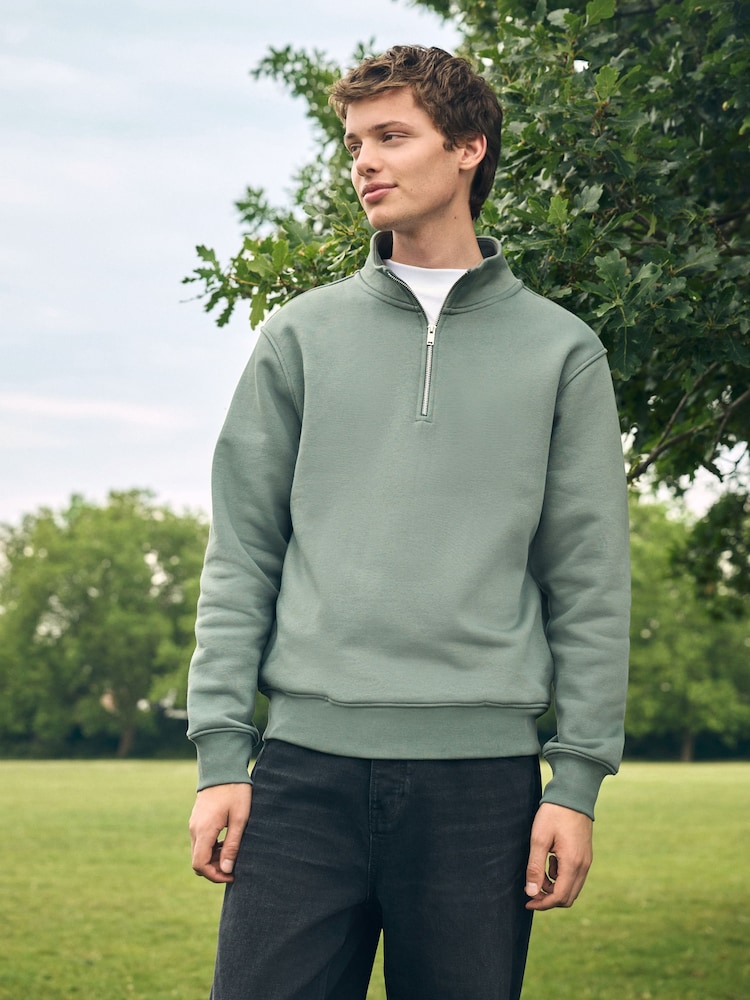 Blue/Green Quarter Zip Cotton Rich Jersey Sweatshirt - Image 1 of 4 Blue/Green Quarter Zip Cotton Rich Jersey Sweatshirt - Image 1 of 4