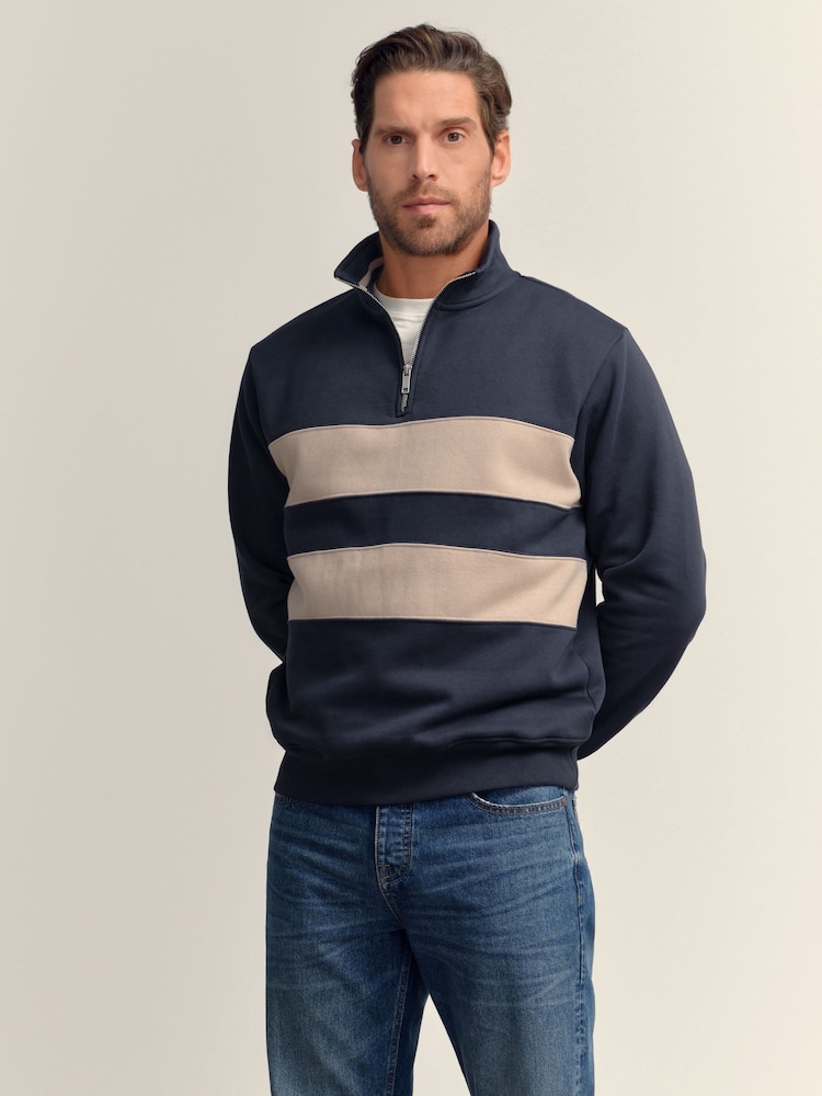 Navy Blue/Neutral Quarter Zip Colour Blocking Sweatshirt - Image 1 of 9 Navy Blue/Neutral Quarter Zip Colour Blocking Sweatshirt - Image 1 of 9
