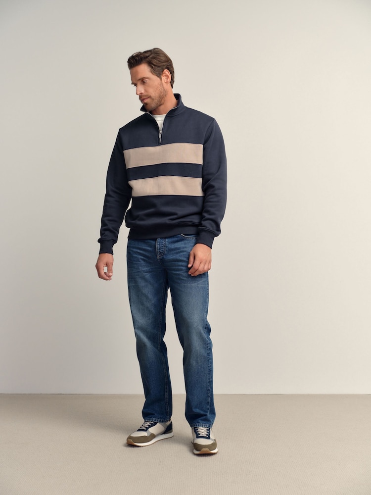 Navy Blue/Neutral Quarter Zip Colour Blocking Sweatshirt - Image 2 of 9 Navy Blue/Neutral Quarter Zip Colour Blocking Sweatshirt - Image 2 of 9