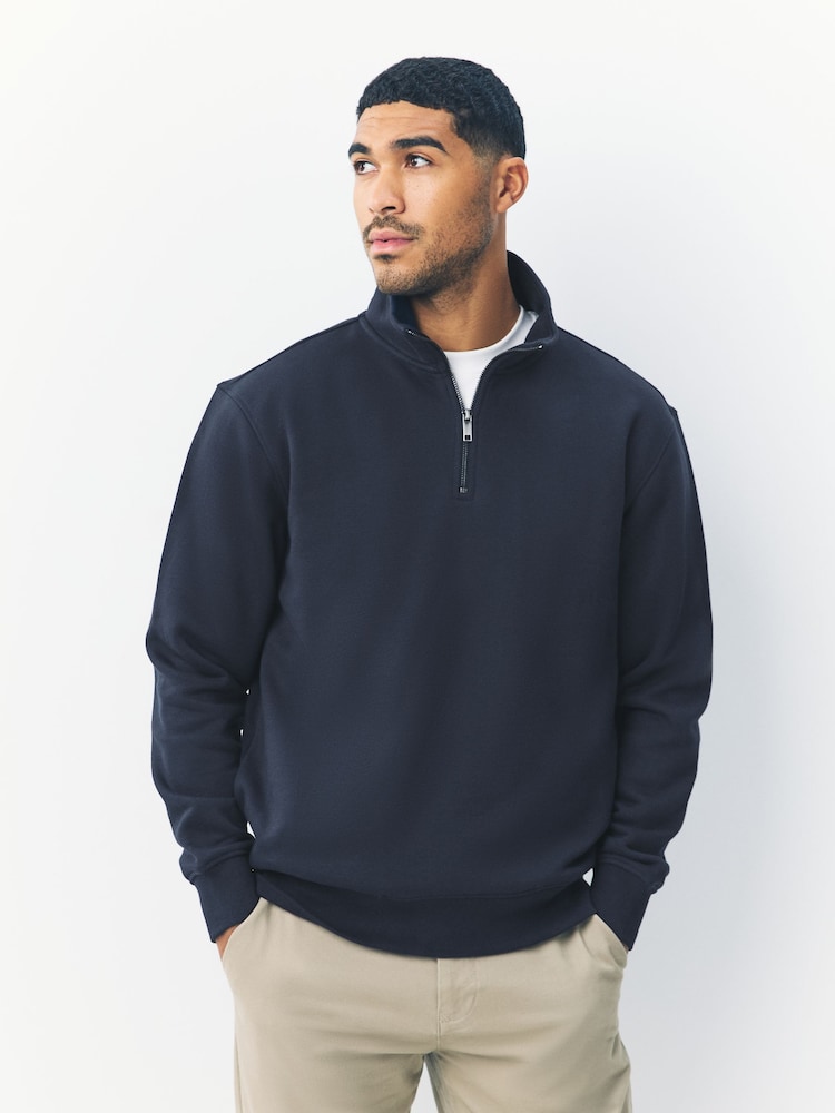 Navy Blue Quarter Zip Cotton Rich Jersey Sweatshirt - Image 1 of 8 Navy Blue Quarter Zip Cotton Rich Jersey Sweatshirt - Image 1 of 8