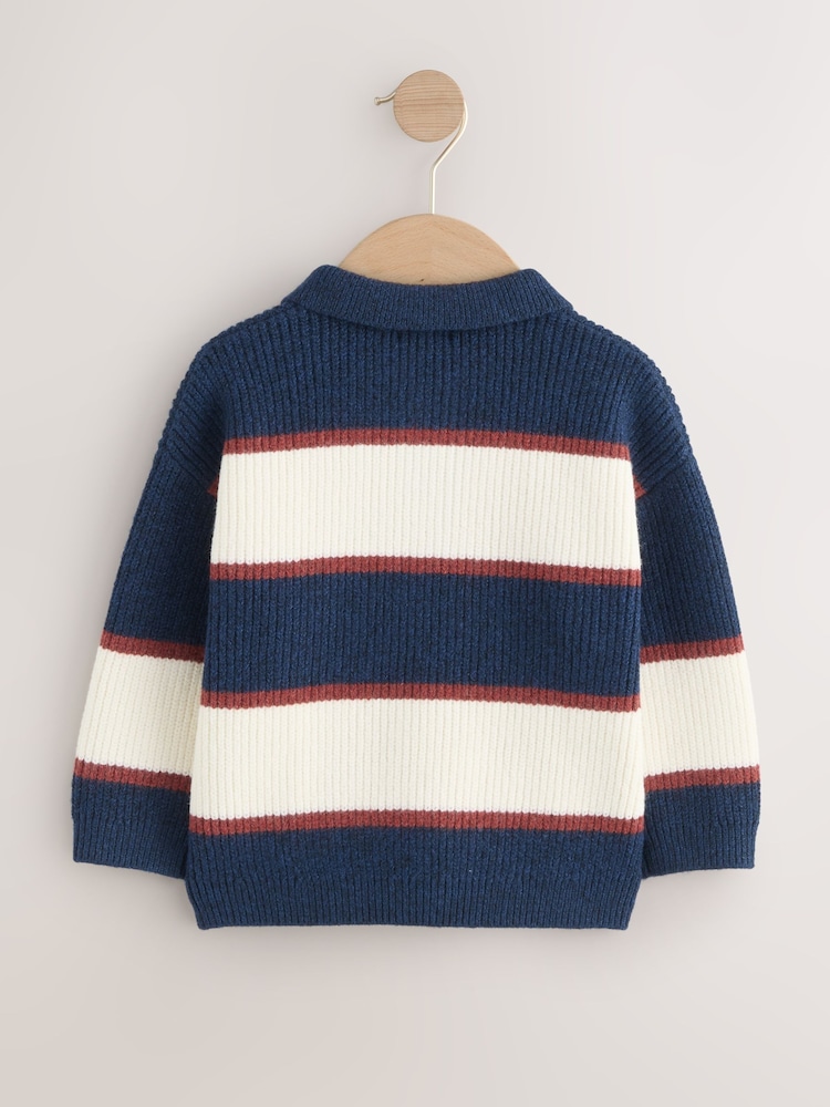 Navy Blue/Burgundy Knitted Stripe Rugby Polo Shirt (3mths-7yrs) - Image 2 of 4