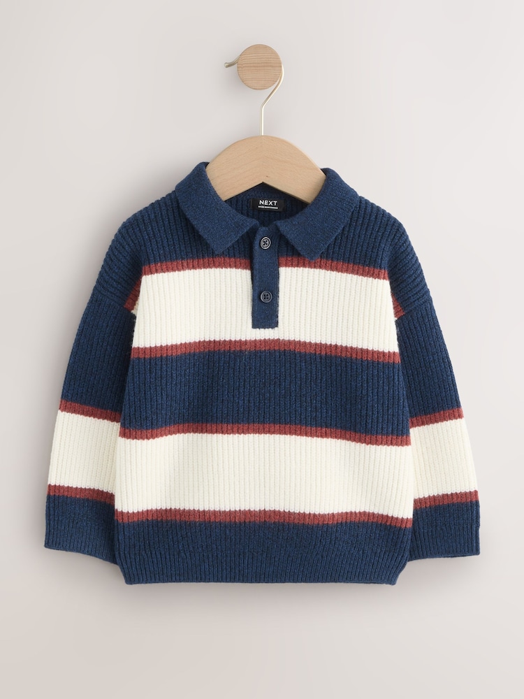 Navy Blue/Burgundy Knitted Stripe Rugby Polo Shirt (3mths-7yrs) - Image 4 of 4