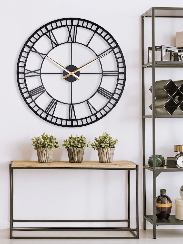 Brookpace Lascelles Black Large Metal Skeleton Wall Clock - Image 1 of 3