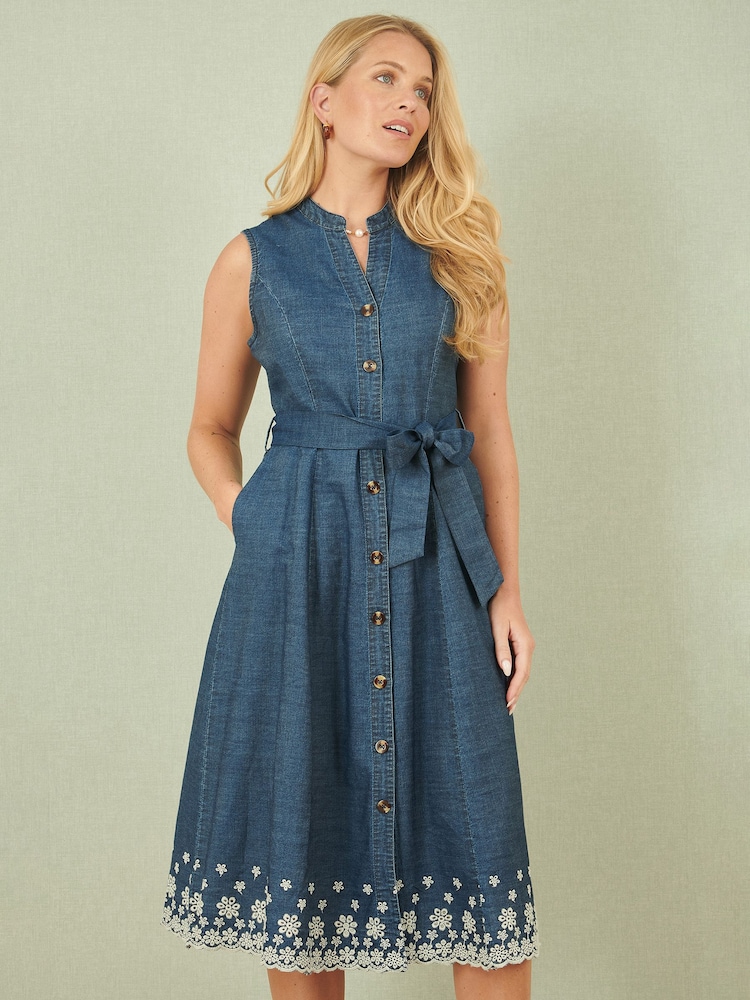 Yumi Blue Chambray 100% Cotton Midi Embroidered Shirt Dress - Image 1 of 5