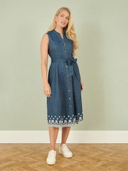 Yumi Blue Chambray 100% Cotton Midi Embroidered Shirt Dress - Image 2 of 5