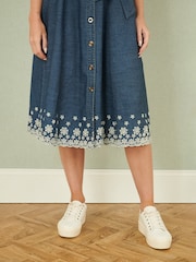 Yumi Blue Chambray 100% Cotton Midi Embroidered Shirt Dress - Image 3 of 5