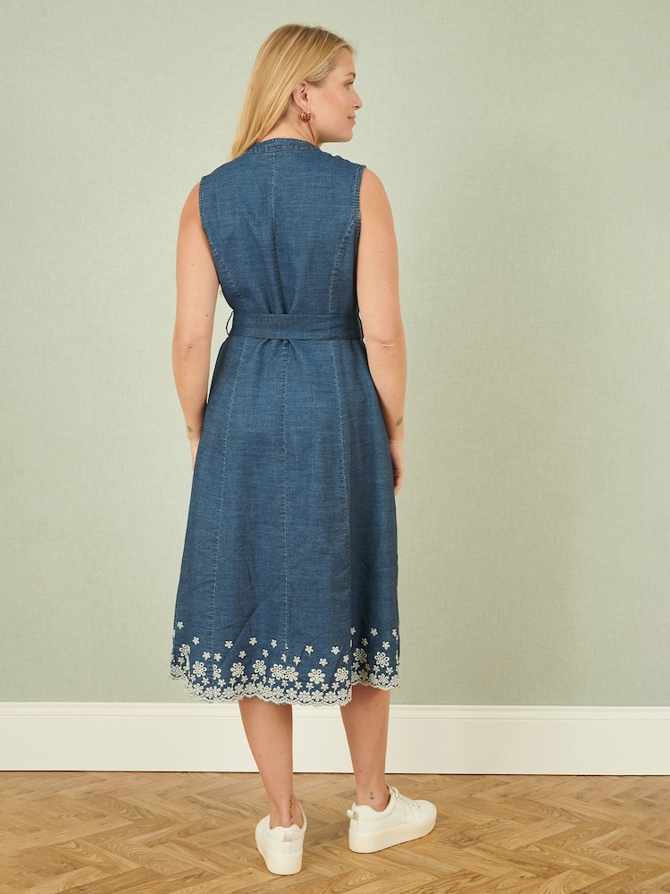 Yumi Blue Chambray 100% Cotton Midi Embroidered Shirt Dress - Image 4 of 5