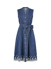 Yumi Blue Chambray 100% Cotton Midi Embroidered Shirt Dress - Image 5 of 5